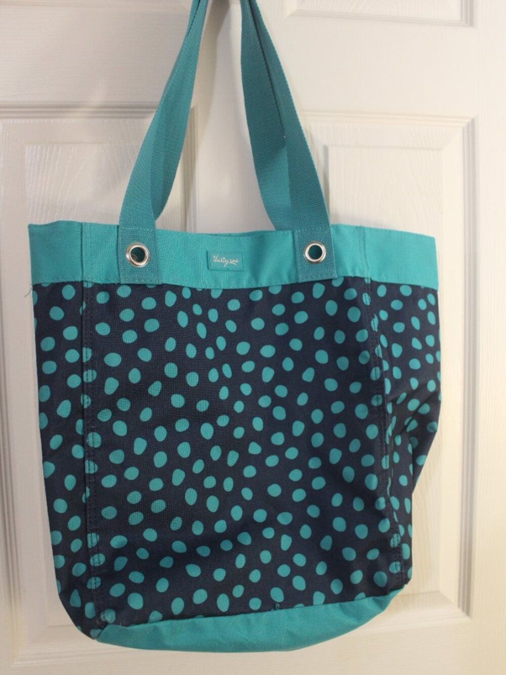 Thirty-One Teal Navy SKU258 Polka Dot Large Utility Tote Shoulder Bag